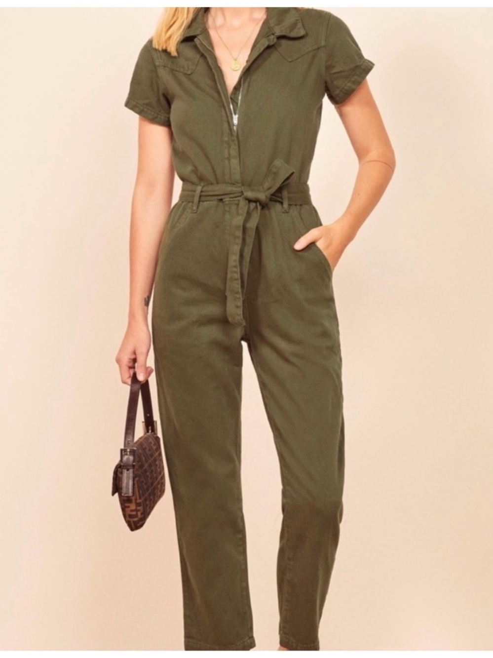 Reformation Kenny broiler jumpsuit in army green size 6